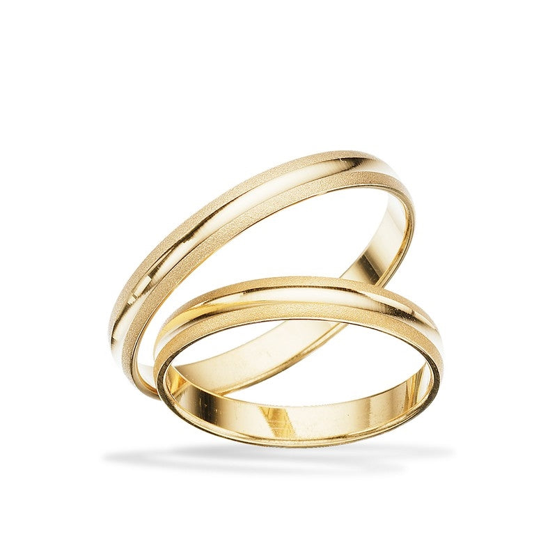 Scrouples vielsesringe i 8 eller 14 karat guld med blank finish og mat detalje, 3 mm